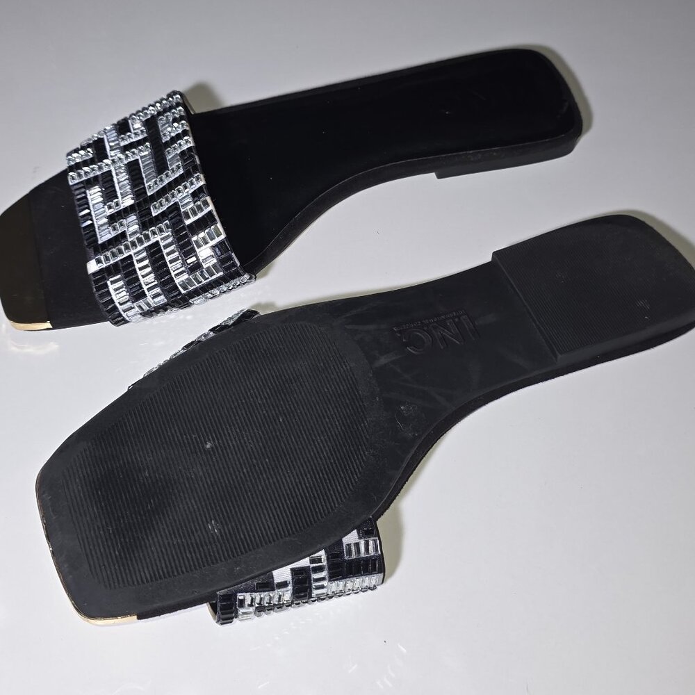 INC - 8M International Concepts Beaded Slide Sandals Black Silver Gold Toe Plate - Picture 5 of 7